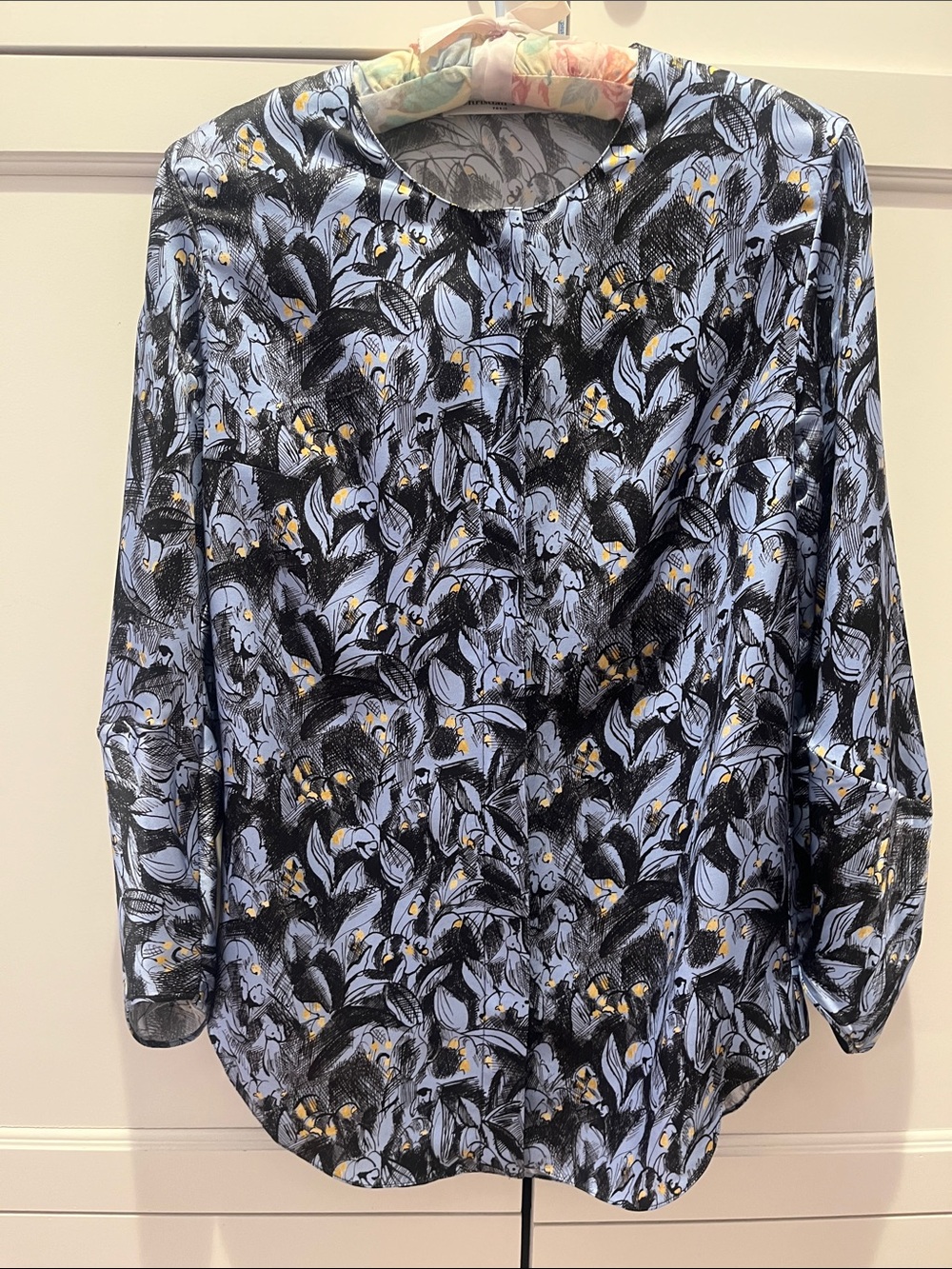 Dior Blue, Black and gold Floral Print button down Blouse